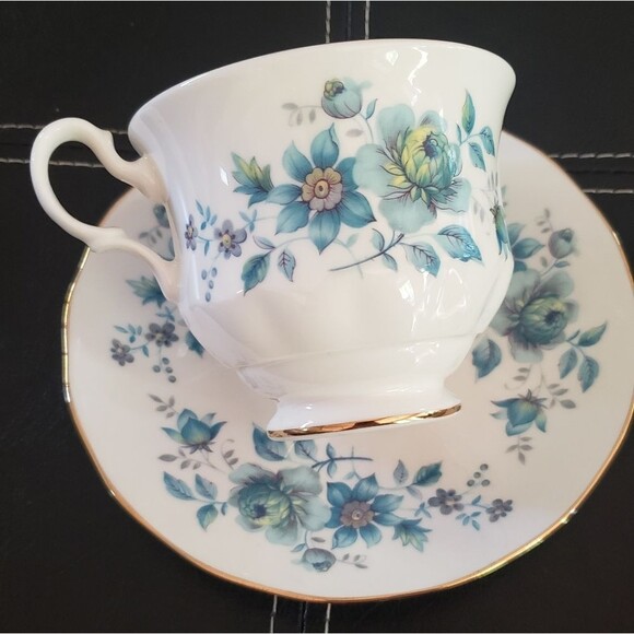 Vintage Queen Anne Teal Blue Roses Cup & Saucer, Bone China England - Picture 7 of 7